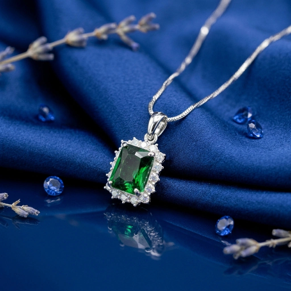 Emerald Princess Cut Halo Pendant