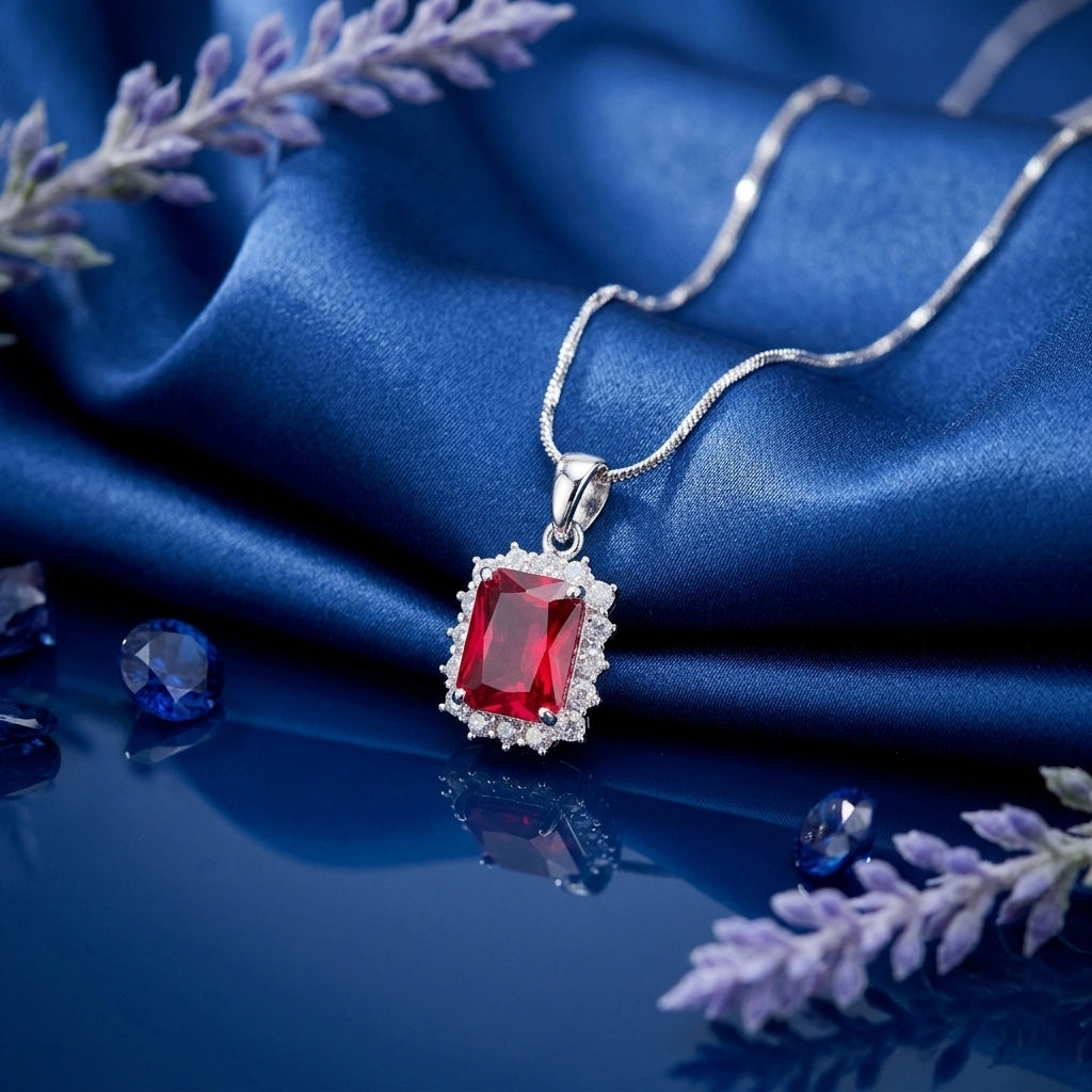 Ruby Princess Cut Halo Pendant