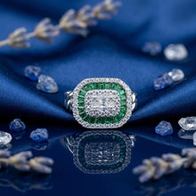 Emerald Baguette Halo Cocktail Ring