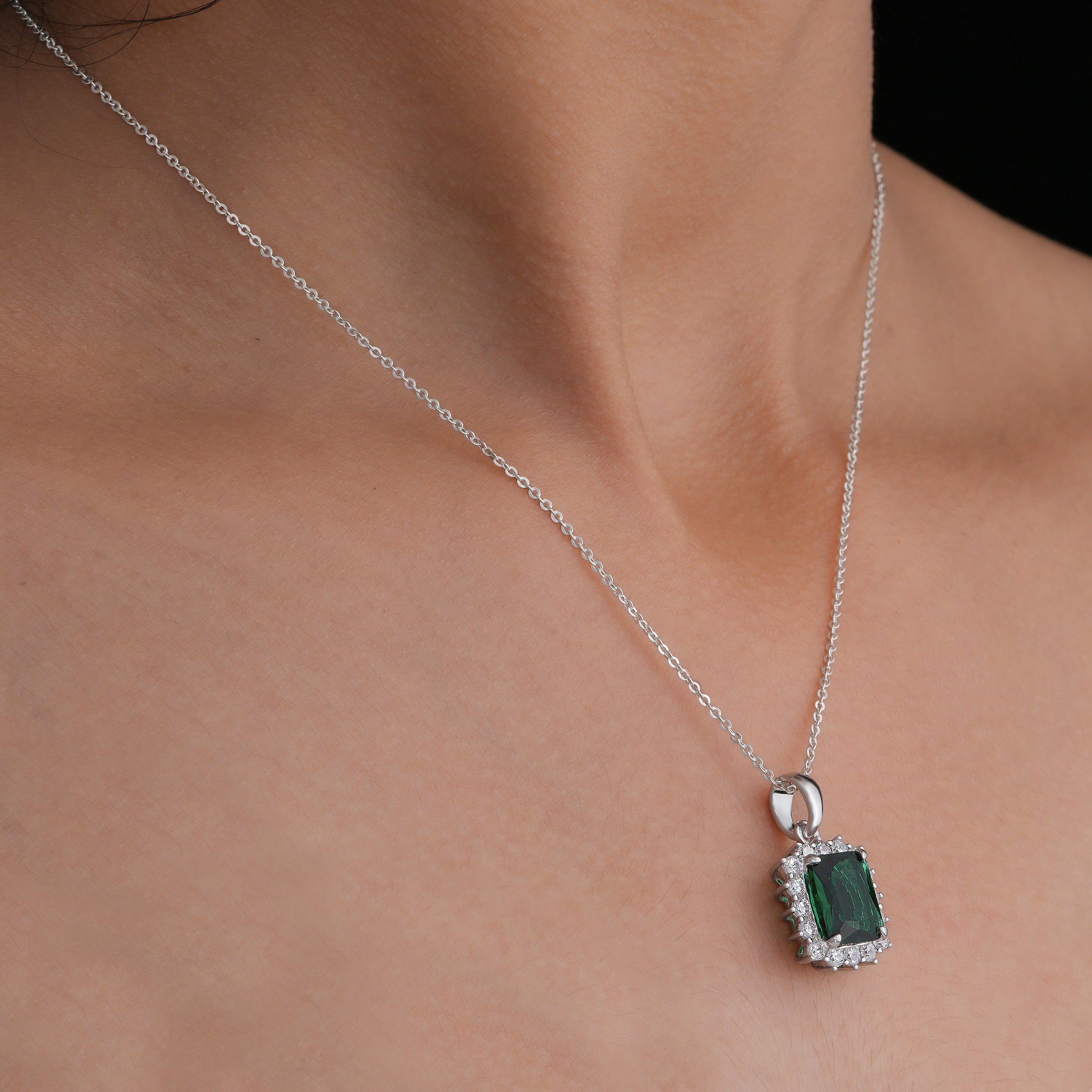 Emerald Princess Cut Halo Chain Pendant