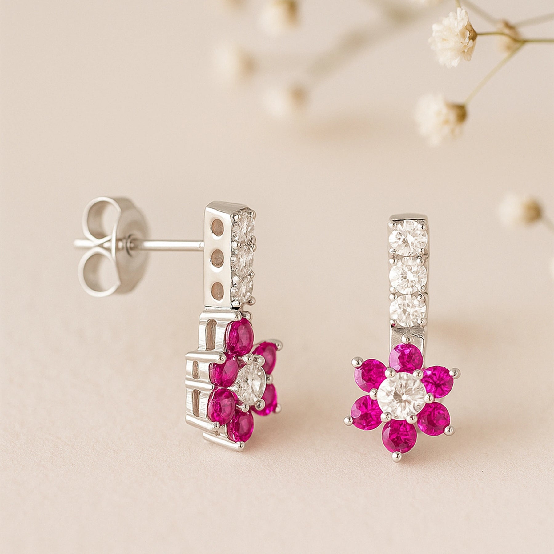Ruby Flower Cluster Drop Earrings