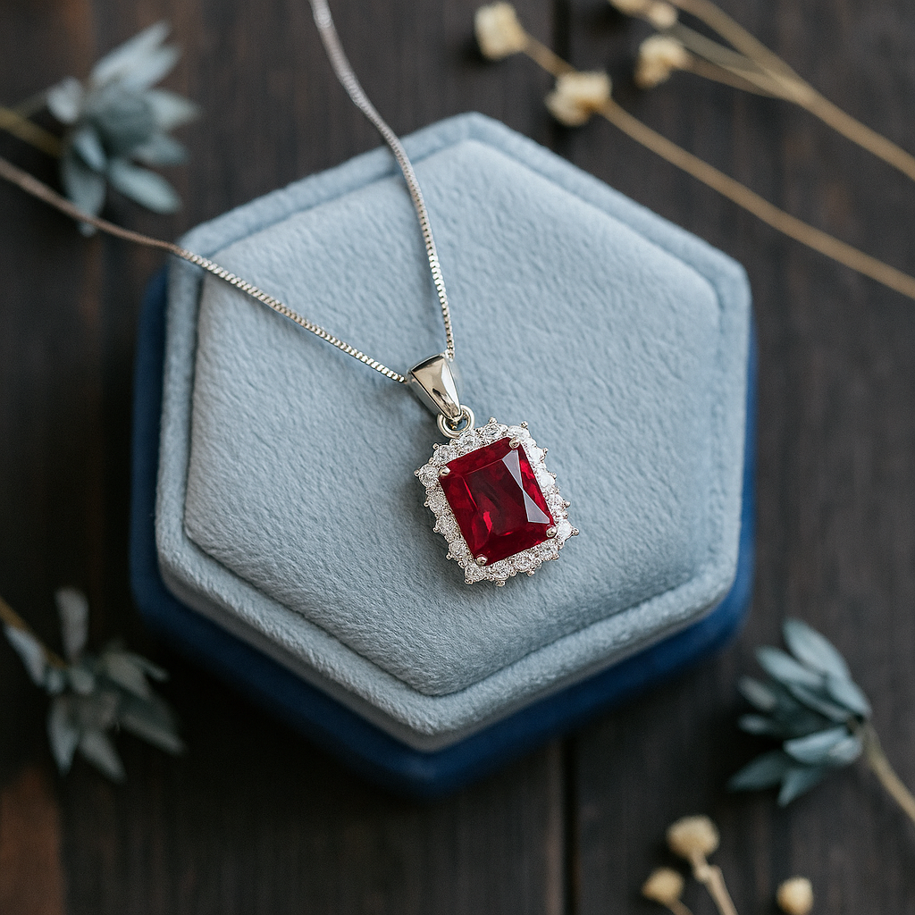 Silver necklace with a red gemstone pendant on a blue cushion against a dark wooden background.